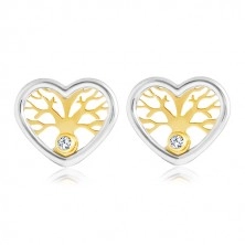 Orecchini in oro 585 - cuore in due colori con albero della vita e zirconi