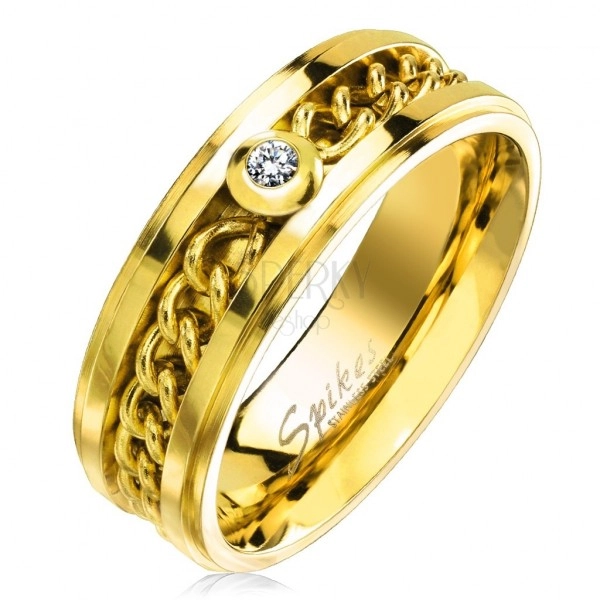 Anello in acciaio inox color dorato con catena e zircone chiaro, 7 mm