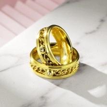 Anello in acciaio inox color dorato con catena e zircone chiaro, 7 mm