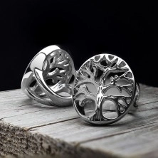 Anello in acciaio inox con modello albero della vita in grande ovale, color argento