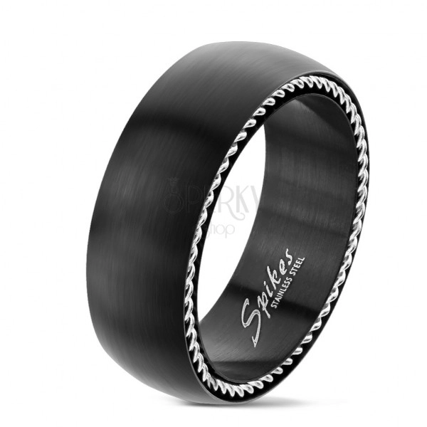 Anello in acciaio inox con spirali sui lati, nero opaco, 8 mm