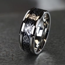 Anello in acciaio con modello ornamentale in color argento e nero, 8 mm
