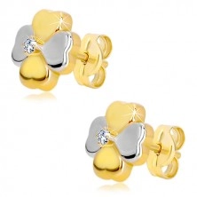 Orecchini in oro 14K in due colori - quadrifoglio con zircone, chiusura a farfalla