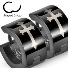 Orecchini neri in acciaio con croce a forma di giglio in colore argento