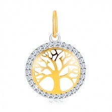 Ciondolo in oro 14K in due colori - cerchio con albero della vita, zirconi brillanti
