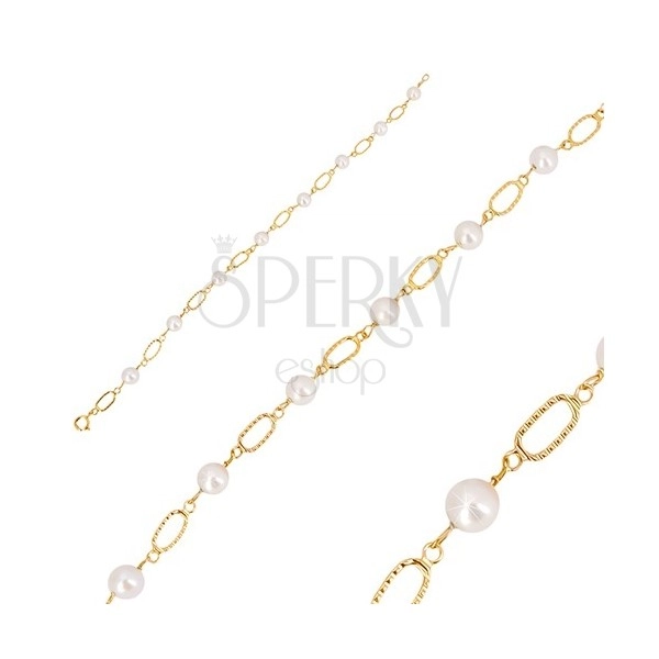 Bracciale in oro 585 - perline bianche arrotondate, maglie ovali con intagli
