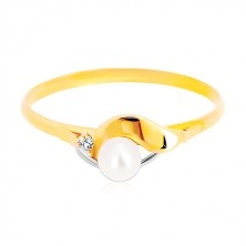 Anello in oro 585 in due colori - linea curva brillante, zircone e perla