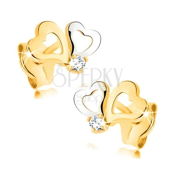 Orecchini in oro 585 in due colori - contorno cuore asimmetrico, zircone