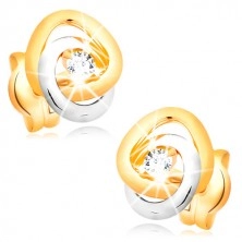 Orecchini in oro 585 - cerchi incrociati in due colori, zirconi chiari, brillanti