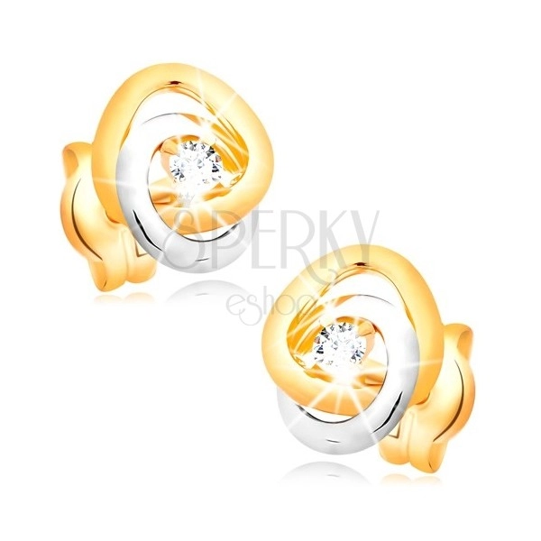 Orecchini in oro 585 - cerchi incrociati in due colori, zirconi chiari, brillanti