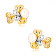 Orecchini in oro 585 in due colori - fiore in due colori con perla nel centro