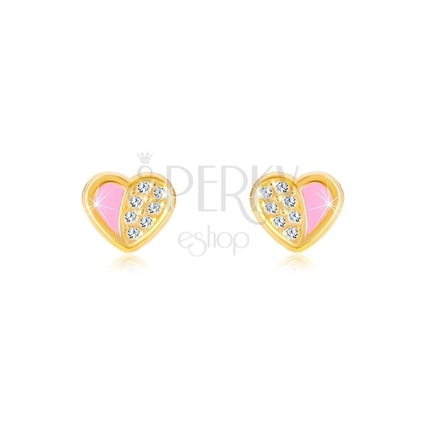 Orecchini in oro 14K - cuore simmetrico inciso con zirconi, smalto rosa