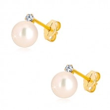 Orecchini in oro giallo 585 - perla bianca rotonda, zircone chiaro