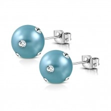 Orecchini in acciaio - perla sintetica opaca in color turchese, zirconi chiari