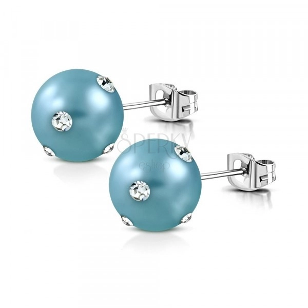 Orecchini in acciaio - perla sintetica opaca in color turchese, zirconi chiari