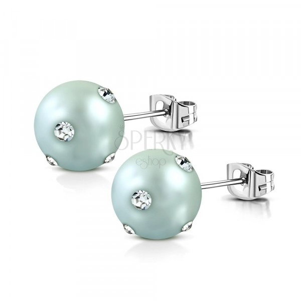 Orecchini in acciaio inox - perla acrilica in color grigio blu, zirconi chiari