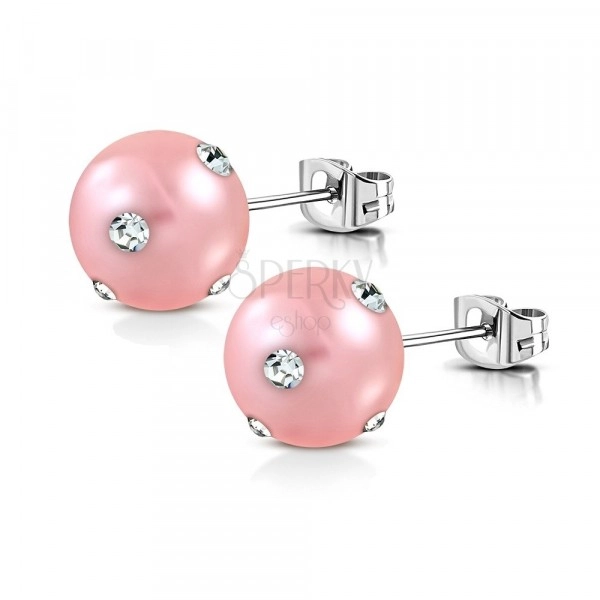 Orecchini in acciaio inox - perla acrilica artificiale in color rosa, zirconi