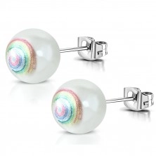 Orecchini in acciaio inox - perla artificiale, spirale nei colori dell'arcorbaleno, perno
