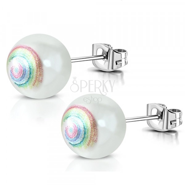 Orecchini in acciaio inox - perla artificiale, spirale nei colori dell'arcorbaleno, perno