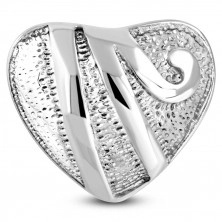 Anello in acciaio - cuore simmetrico con piccoli intagli, strisce brillanti e spirale