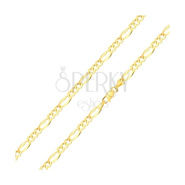 Bracciale in oro giallo 14K - tre maglie ovali, maglie allungate, bordi allargati, 180 mm