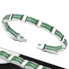 Bracciale bicolore in acciaio - maglie, strisce in caucciù verde