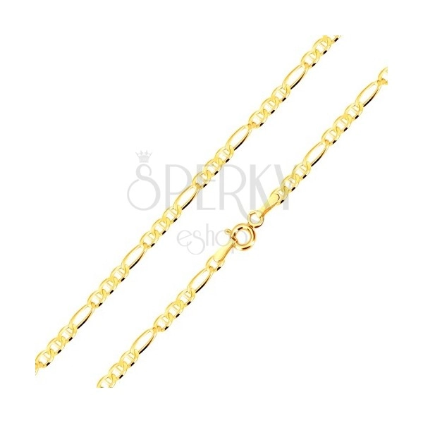 Bracciale in oro giallo 585 - anello oblungo, tre maglie ovali con bastoncino, 200 mm
