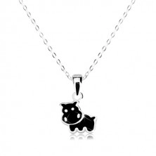 Collana in argento 925 - ippopotamo decorato con smalto nero, catena brillante
