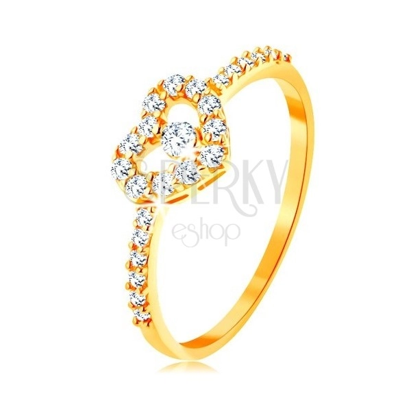 Anello d'oro 375 - lati in zirconi, un contorno chiaro luccicante di un cuore con uno zircone