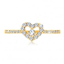 Anello d'oro 375 - lati in zirconi, un contorno chiaro luccicante di un cuore con uno zircone