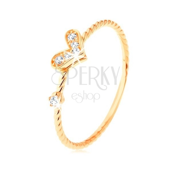 Anello d'oro 375, lati incurvati a spirale, cuoricino brillante, zircone