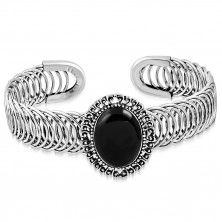 Bracciale flessibile in acciaio - ornamento ovale con pietra nera, spirale