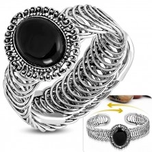 Bracciale flessibile in acciaio - ornamento ovale con pietra nera, spirale
