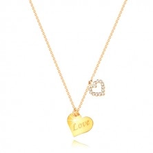 Collana in oro giallo 9K - cuore con scritta "Love", contorno di cuore con zirconi