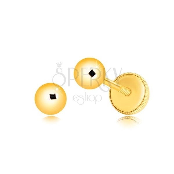 Orecchini in oro giallo 14K - pallina con superficie brillante e liscia, 4 mm, farfalla con sicurezza