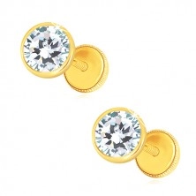 Orecchini in oro 585 - zirconi chiari brillanti in montatura rotonda, 5 mm, farfalla con sicurezza