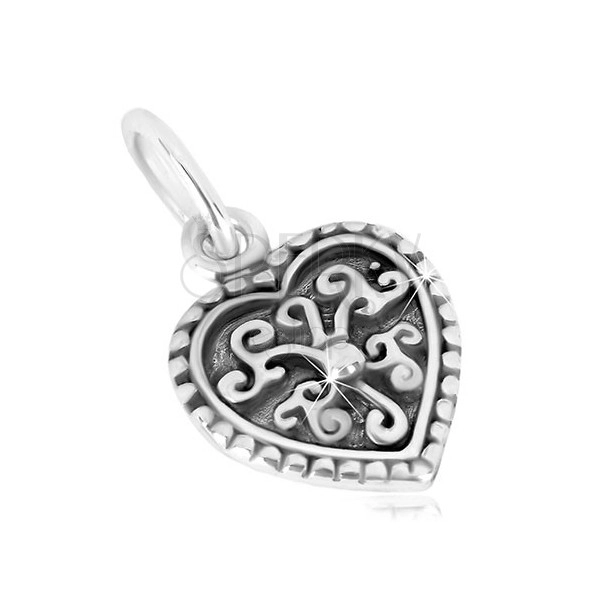 Ciondolo in argento 925 - cuore simmetrico, fiore ornamentale con pallina, patina