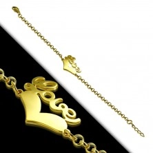 Bracciale in acciaio dorato - cuore simmetrico e scritta"Love", catena a maglie rotonde