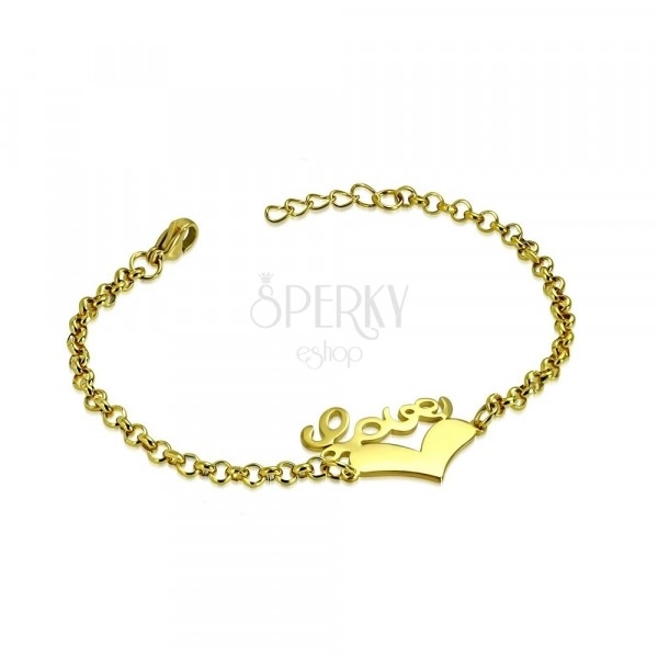 Bracciale in acciaio dorato - cuore simmetrico e scritta"Love", catena a maglie rotonde