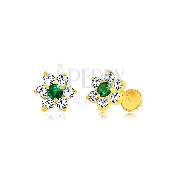Orecchini in oro 585 - fiore in zircone, centro verde-smeraldo, chiusura a perno
