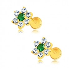 Orecchini in oro 585 - fiore in zircone, centro verde-smeraldo, chiusura a perno