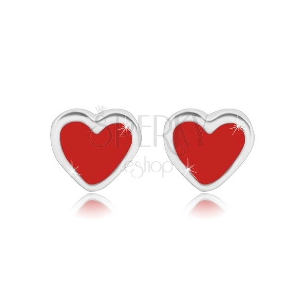 Orecchini in argento 925 - cuore simmetrico con smalto rosso, chiusura a perno e farfalla