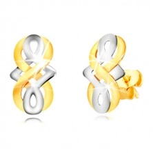 Orecchini in oro 9K - simbolo dell'infinito, nodo celtico in oro bianco, perno e farfalla