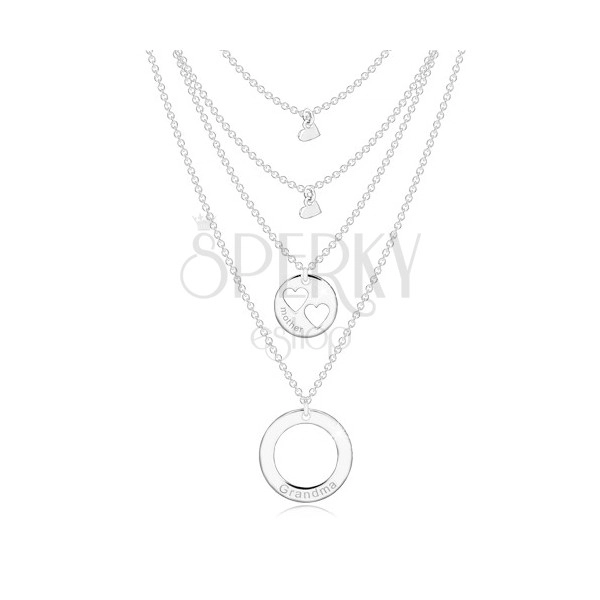 Collana in argento 925 - quattro catene con ciondoli, cerchi e cuore, scritte