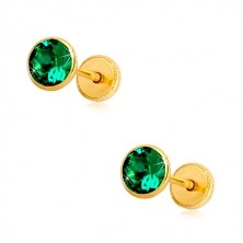 Orecchini in oro 14K - zircone verde smeraldo in montatura, chiusura a perno e farfalla, 5 mm