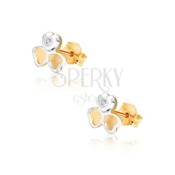 Orecchini in oro 375 in due colori - trifoglio in due colori, piccolo zircone
