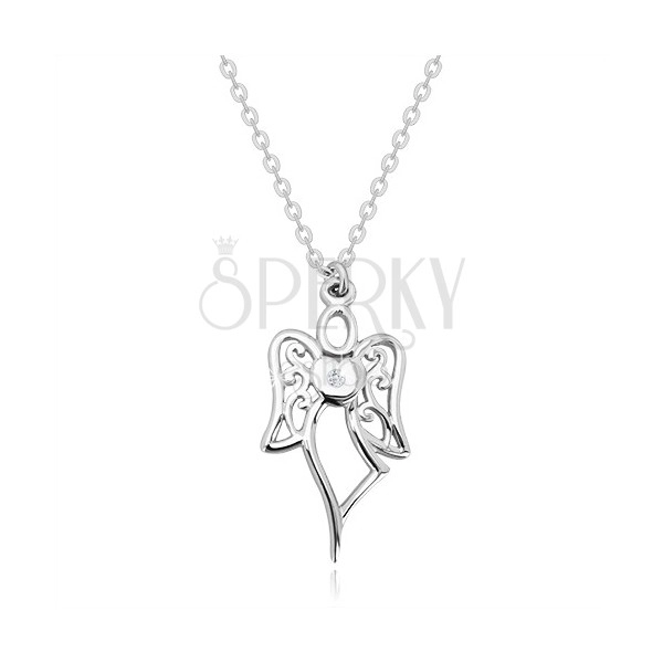 Collana in argento 925 - angelo inciso, cuore con diamante chiaro