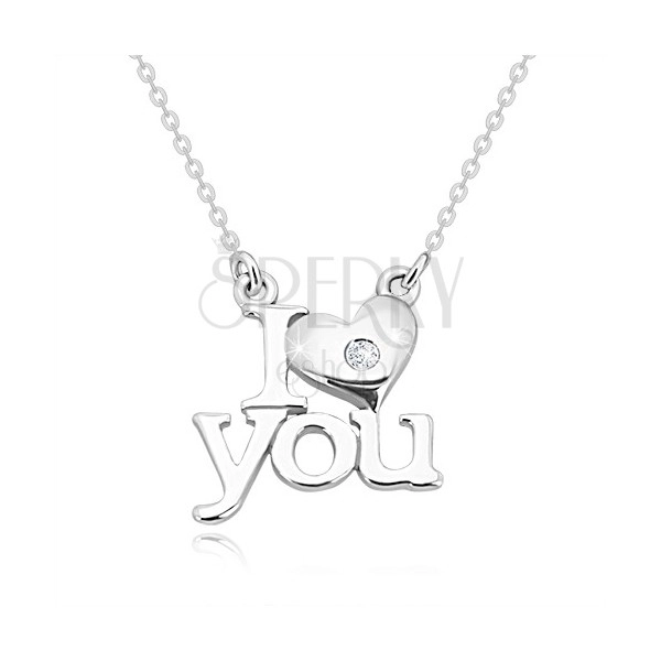 Collana in argento 925 con diamante, "I heart you", catena a maglie ovali