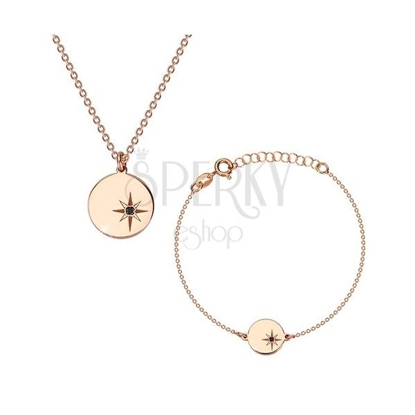 Set in argento 925, color rosa-dorato - bracciale e collana, cerchio, Polaris e diamante