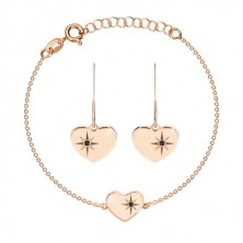 Set in argento 925, color rosa-dorato - collana e orecchini, cuore con Polaris e diamante